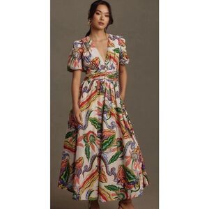 Anthropologie The Katerina Button Front Dress Floral Puff Cream Motif XS NEW